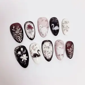 Handmade Elegant Swan Press On Nails | Black & White Birds With Floral Art | Almond Nails For Romantic Vintage Vibe