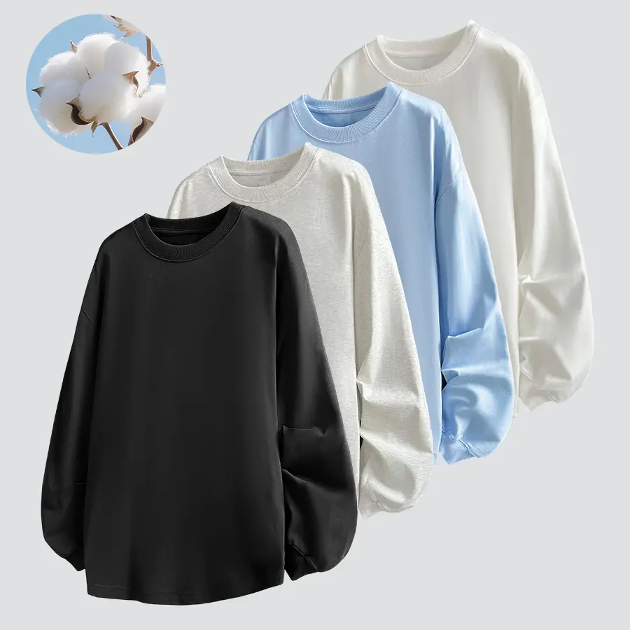 Solid-color basic long-sleeve base layer top made from high-count combed cotton fabric; loose fit that flatters and conceals bulges; dense ribbed neckline that resists sagging; available in multiple colors for both men and women; simple casual long-sleeve