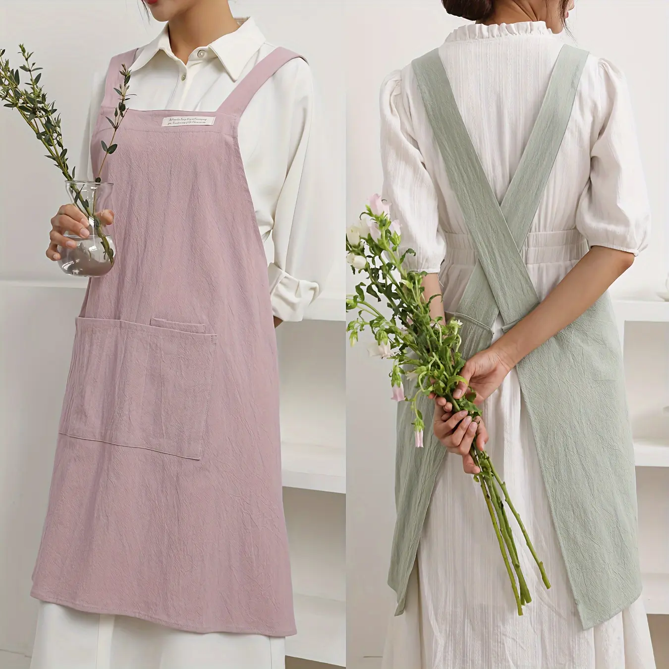 1pc Fashion Unisex Linen-Cotton Apron with Pockets, Adjustable Straps for Cooking, Baking, Gardening - Household Kitchen Apron (White, Blue), Cover