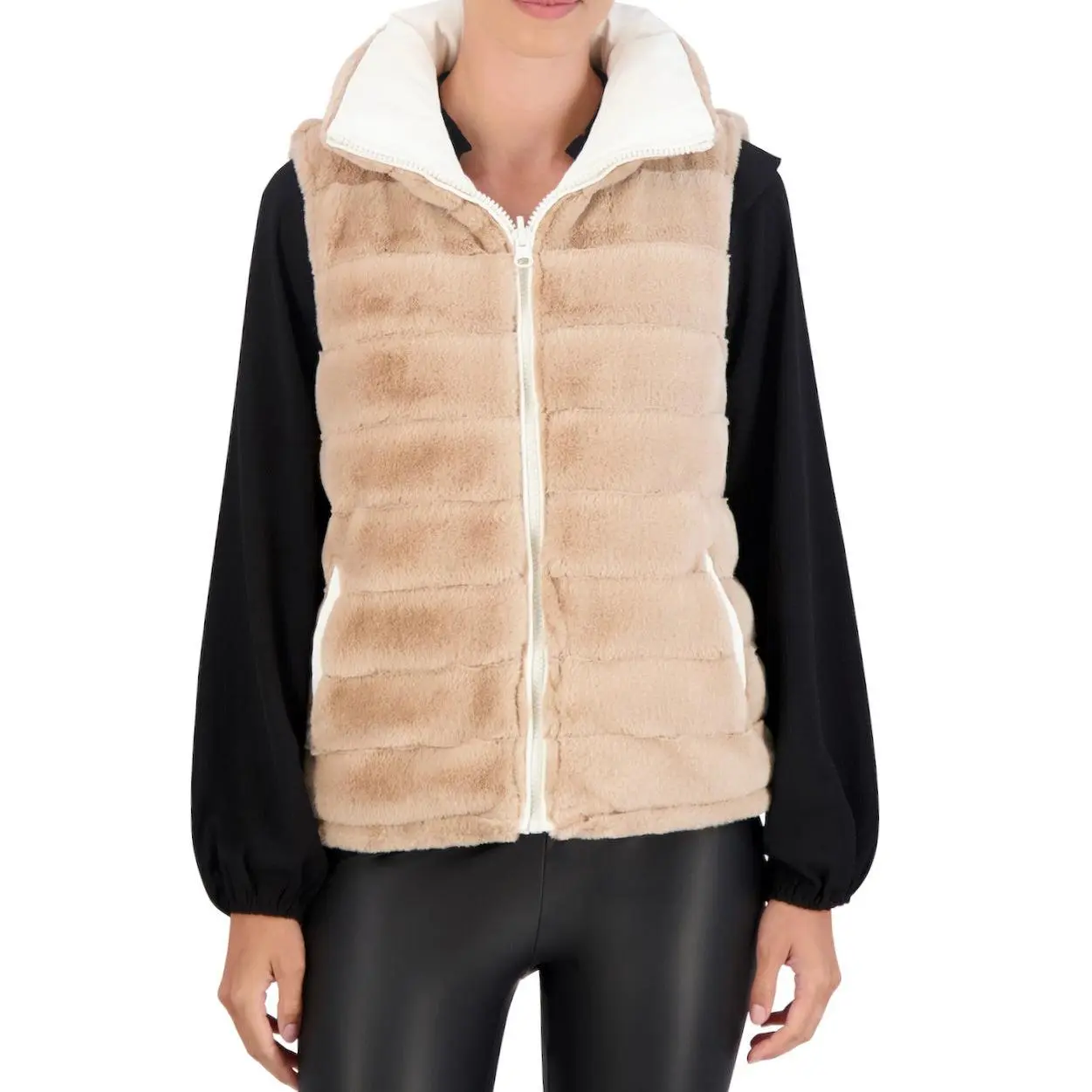 Carbon Puffer Vest Reversible to Grooved Faux Fur