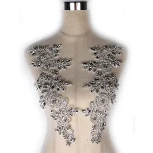 Beaded Rose Flowers & Leaves Rhinestone Pair Applique in Silver for Prom Dress Belt Arts Crafts Sewing Decoration PH23011SV
