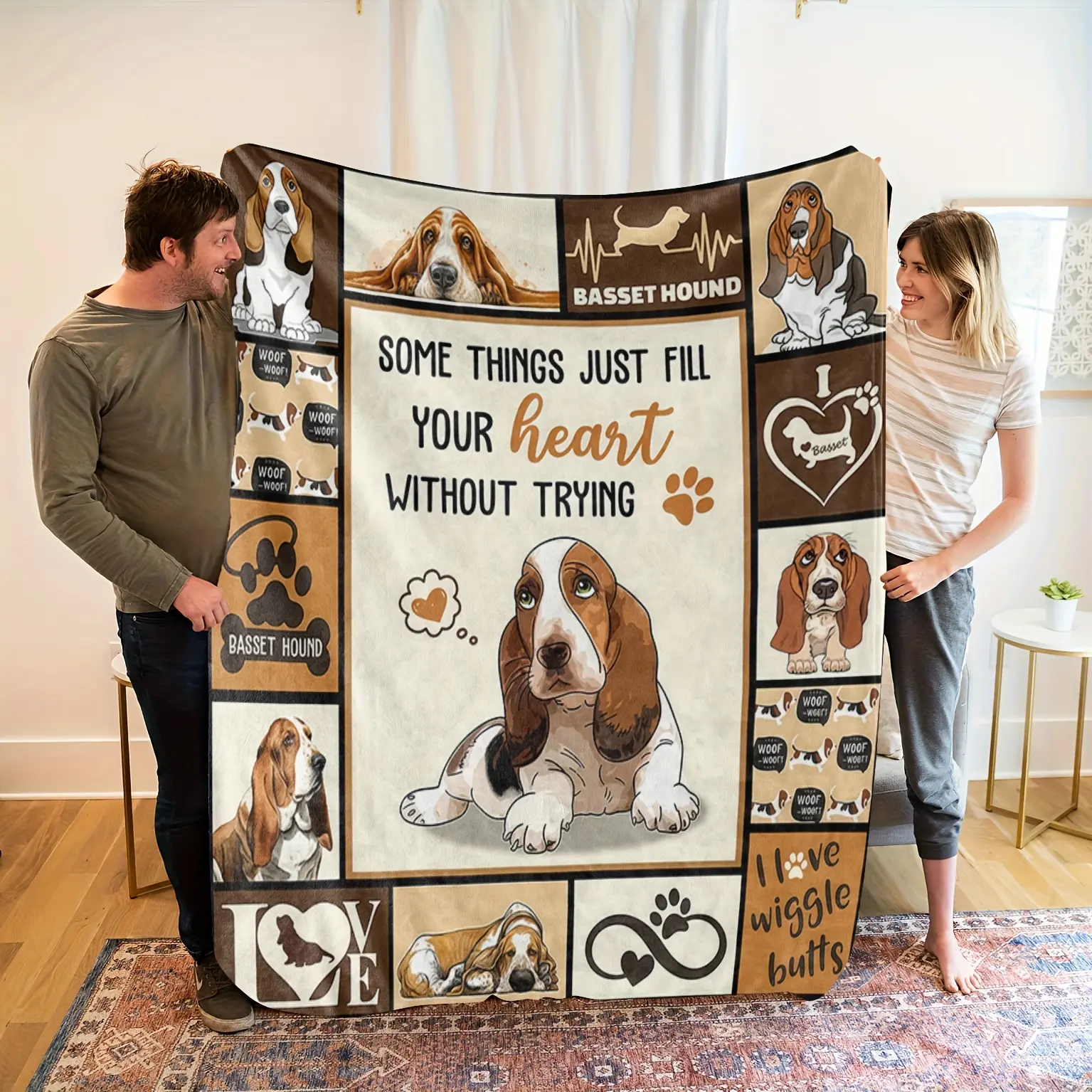 Soft Cozy Basset Hound Flannel Blanket - Cartoon Style Pet Theme With Playful Phrases, Brown & White All-Season Throw For Living Room & Bedroom Decor, Machine Washable, Cartoonish Illustrations, Comfortable Texture