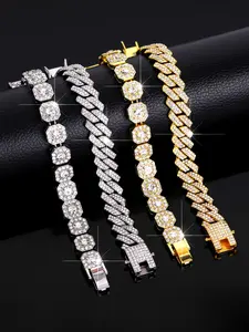 2 Pieces of Iced Out Hip Hop Cuban Link Bling Square Rhinestone Jewelry Bracelets, Stylish Tennis Chain Bracelets, Rhinestone bangle bracelet, Rhinestone Decorated Bracelet, for Men and Women, Perfect for Rappers