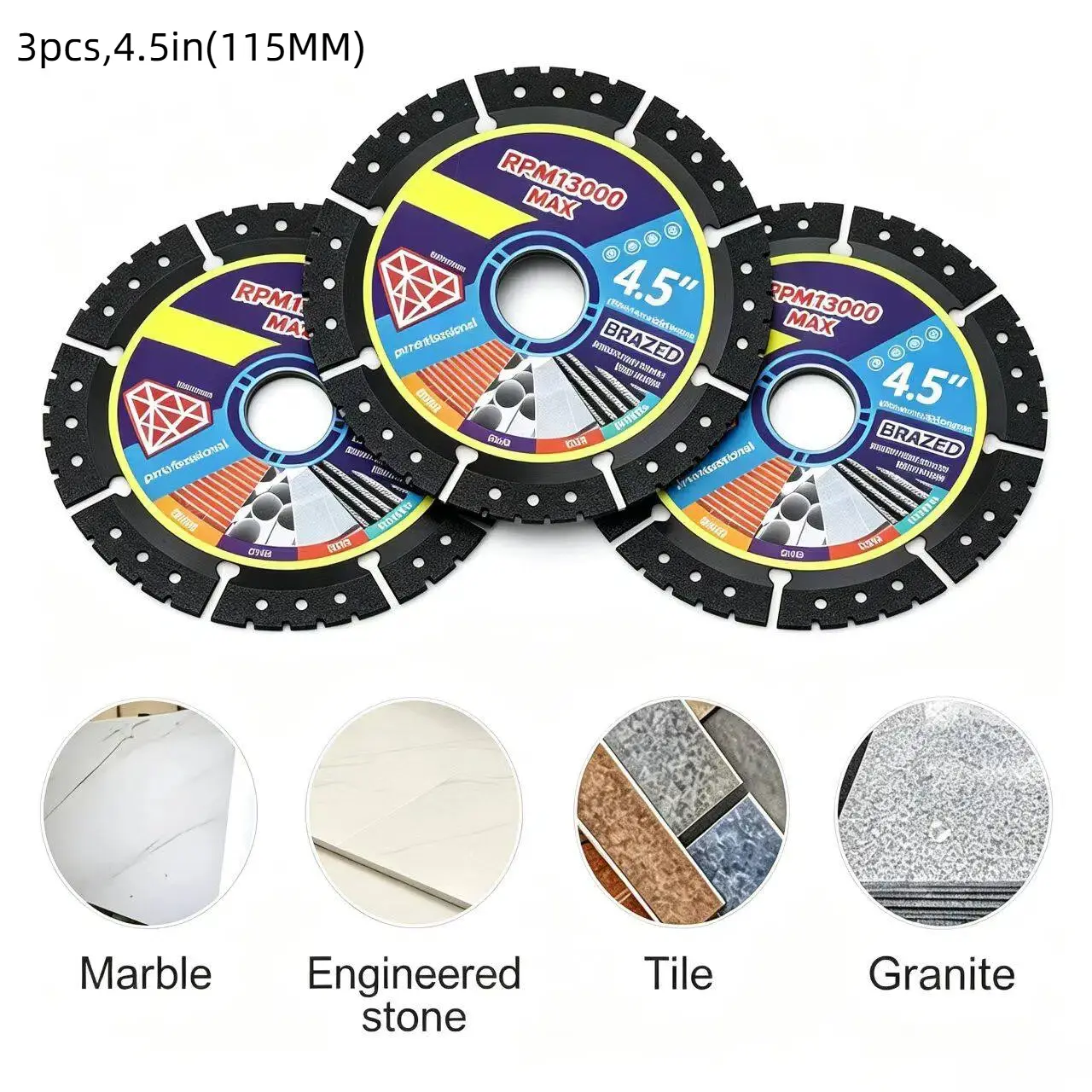 4.5 Inch Multi\Material Angle Grinder Cutting Discs, 1PCS/3PCS Optional, Dry Cut for Metal, Tile, Stone, Cast Iron & Marble, Power Tool Accessories, Anti-Chip Edge, Diamond Grain