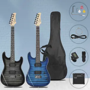 GST Electric Guitar Kit with H-H Pickups, 20W Amp, Bag, Strap, Blue Tiger Stripe, Full Starter Set for Beginners and Practice