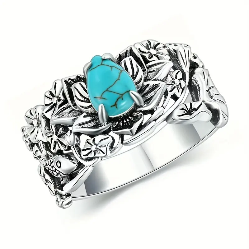 Women's Super Exquisite Vintage Distressed Inlaid Teardrop Turquoise Ring - Niche High-End Light Luxury Floral Hand Accessory, Turquoise Jewelry, Rings for Women, Inlaid Stones, Female Ring