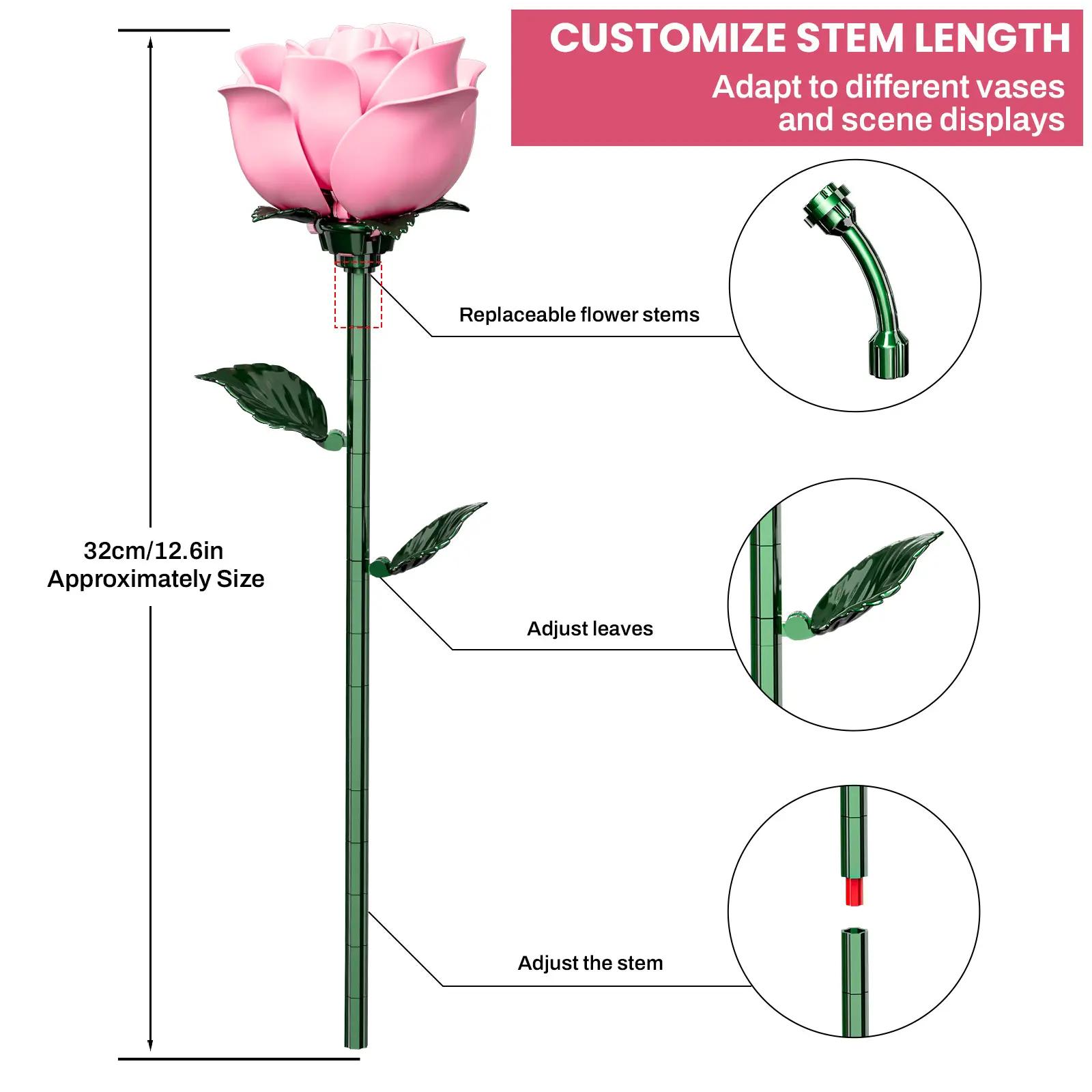 12-Stem Blooming Pink Rose Building Block Bouquet — DIY Assembly Kit for Adults — Deluxe Gift Box for Christmas & Valentine's Day — The Perfect Choice for Home & Office Decor model collectible metal easy assembly toy difficulty high brick
