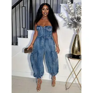 Fall?fashion?must?haves Strappy High - Waisted Denim Jumpsuit | Wide - Leg + Cuffed Ankles | Button Front + Figure - Flattering Fit | Chic Everyday Style Overalls Solid Fabric Top（gift）