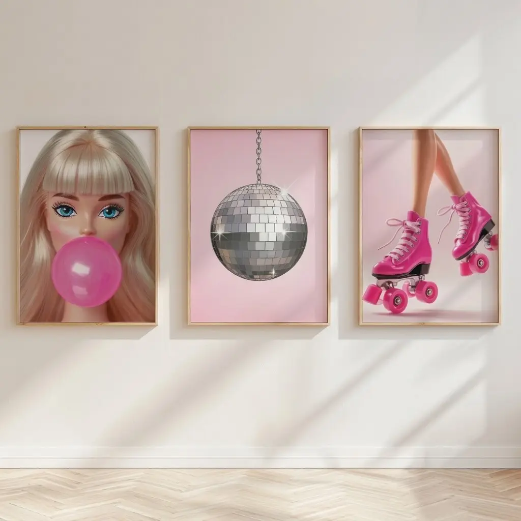 Set of 3 Pink Barbie Coquette Roller Skate Disco Ball Bubblegum Poster Prints, No Frame