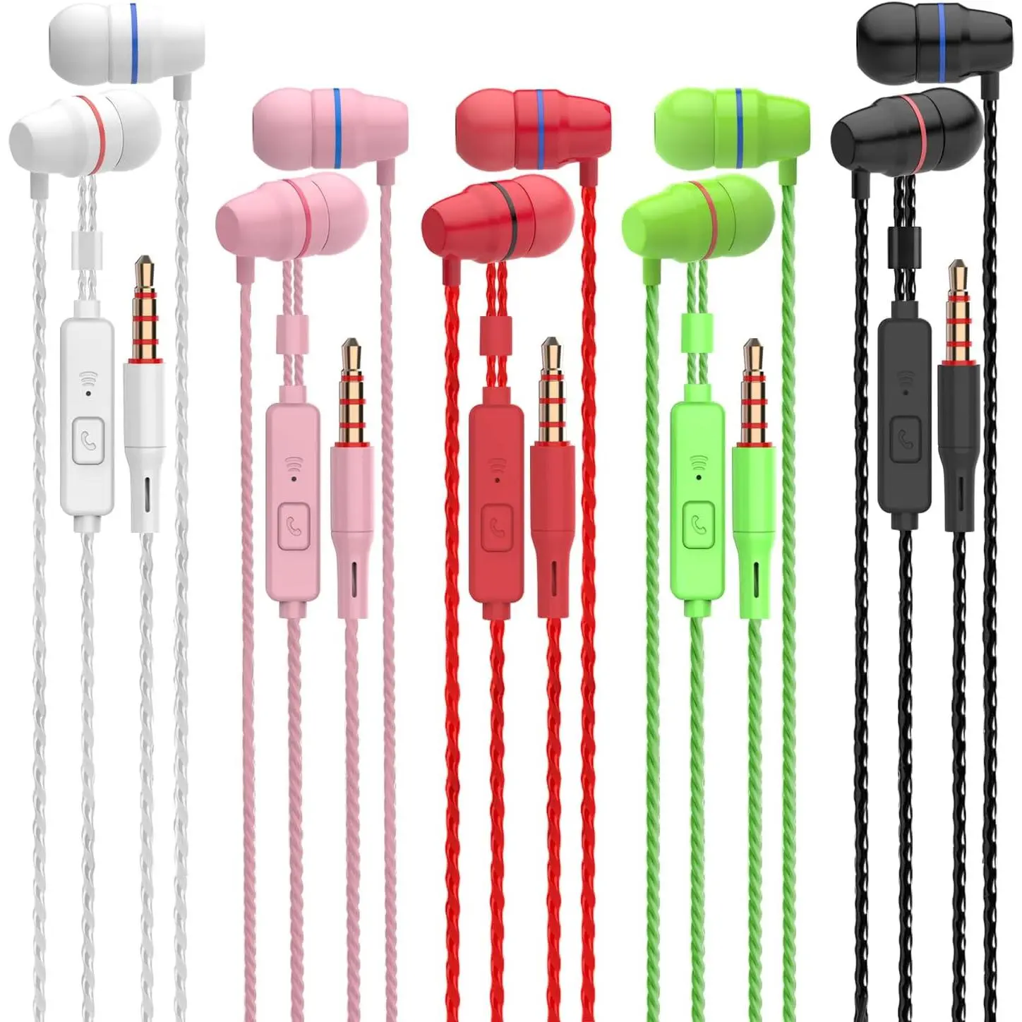 5 Packs Wired Earbuds with Microphone, in Ear Earphones for School, Deep Bass Clear Sound, Noise Isolating, Fits 3.5mm Jack iPhone iPad   Devices (White Pink Red Green Black)