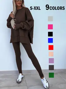 Women's Solid Long Sleeve Pullover & Leggings Sweatsuit Sets, Casual Sporty Style Outfits Round Neck Sweatshirt & Skinny Pants Two-piece Set for Daily Outdoor Wear, Ladies Sportswear for Spring & Fall