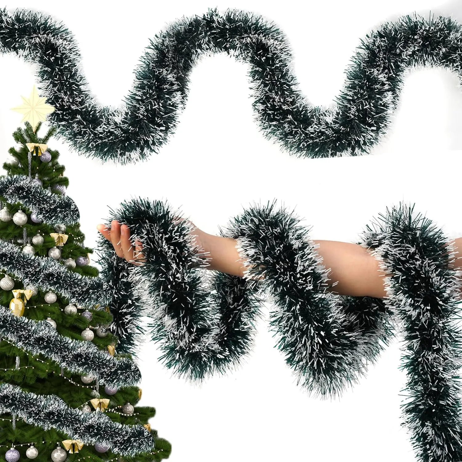 40Ft Christmas Tinsel Garland - Christmas Tree Tinsel, Christmas Tinsel Decorations for Indoor & Outdoor Home Decor, Christmas Metallic Twist Garland