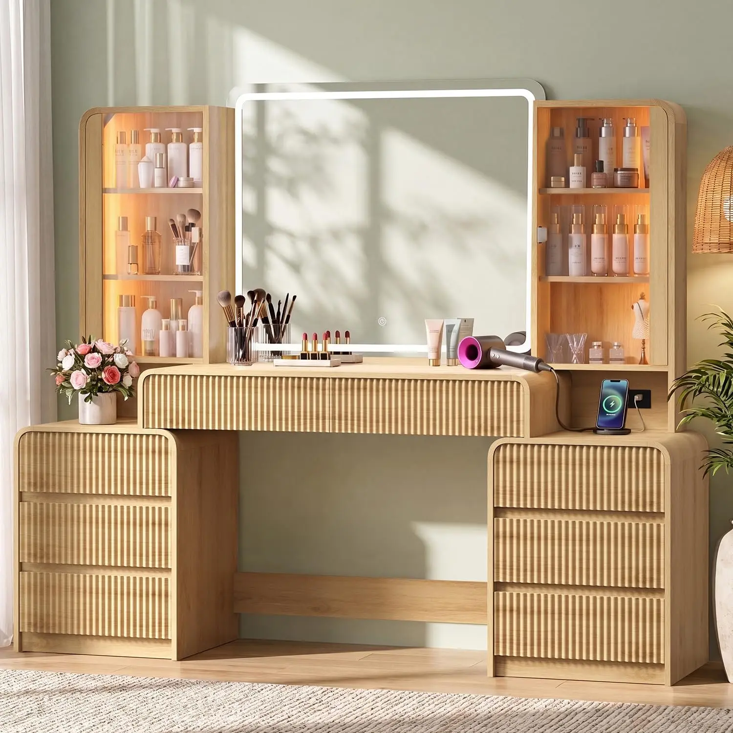 Hauoms Big Vanity, 63" Fluted Wood Makeup Vanity Desk with Mirror and Lights | Charging Station, Chasing Lights, Luxury Glass Cabinet, 8 Drawers, Large Wooden Vanities, Curved Dressing Table, Girls, Women