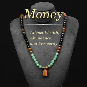 Money Attraction Necklace with Green Aventurine & Tiger Eye Pendant, Healing Crystal Stone, Anniversary, Vacation & Theme Party Jewelry, Abundance Crystal Bracelet, Long Chain, Sweater Chain, Ideal Gift Jewelry for Men and Women