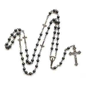 Vintage Hematite Rosary Catholic Long Jesus Cross Virgin Necklace Pendant For Men Women Religious Jewelry