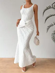 White Twist-Knot Sleeveless Dress With Large Round Neck