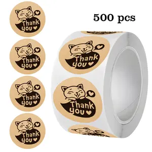500pcs/roll Cat Thank You Stickers for Wedding and Party Gift Wrapping, Paper Gift Seal Decor, Round Decorative Stickers for Graduation and Easter Gifts, Self Adhesive Stickers