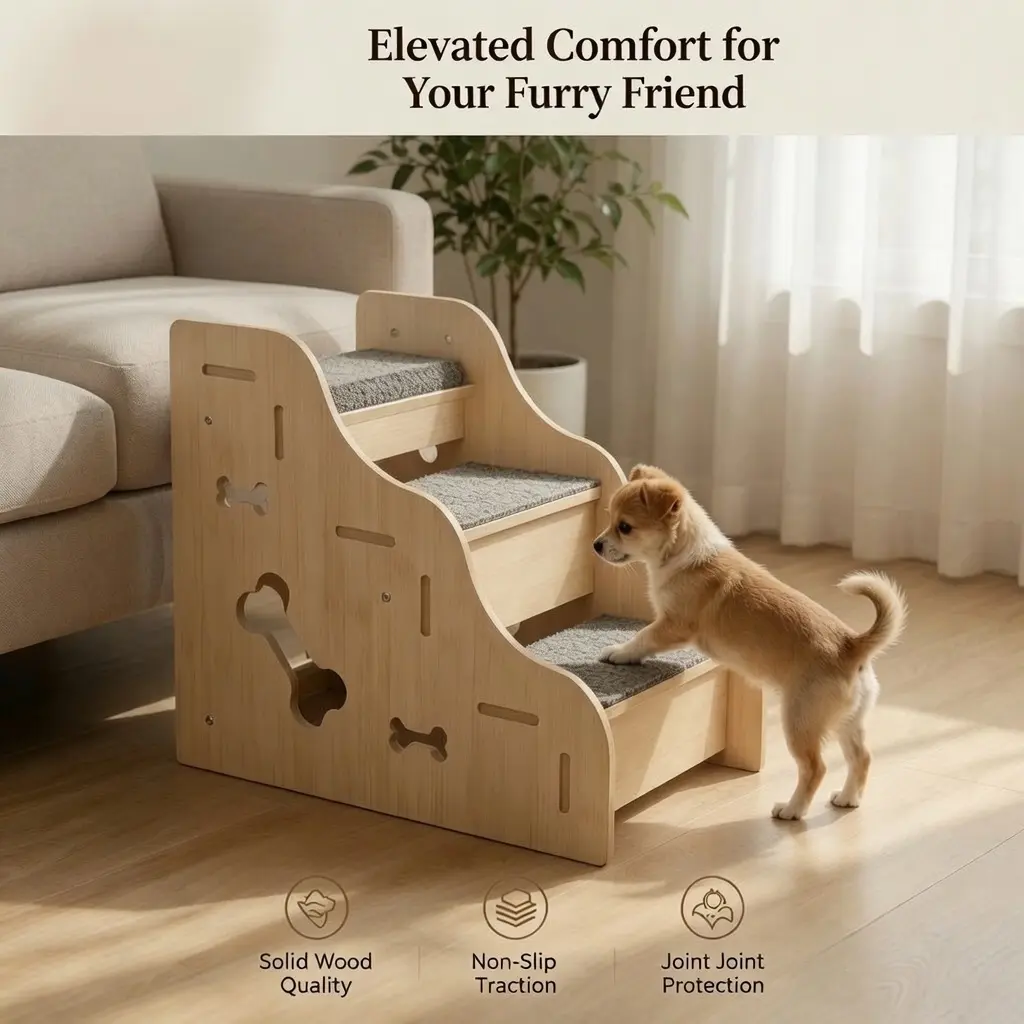 Solid Wood Dog Stairs - Low-Inclined 3/4 Step Anti-Slip Pet Stairs with Carpet Cushioning, Bone Cutout, Natural Wood Build, Joint Support for Pain-Free Climbing by Bed & Sofa (Senior Dogs, Short Legs)