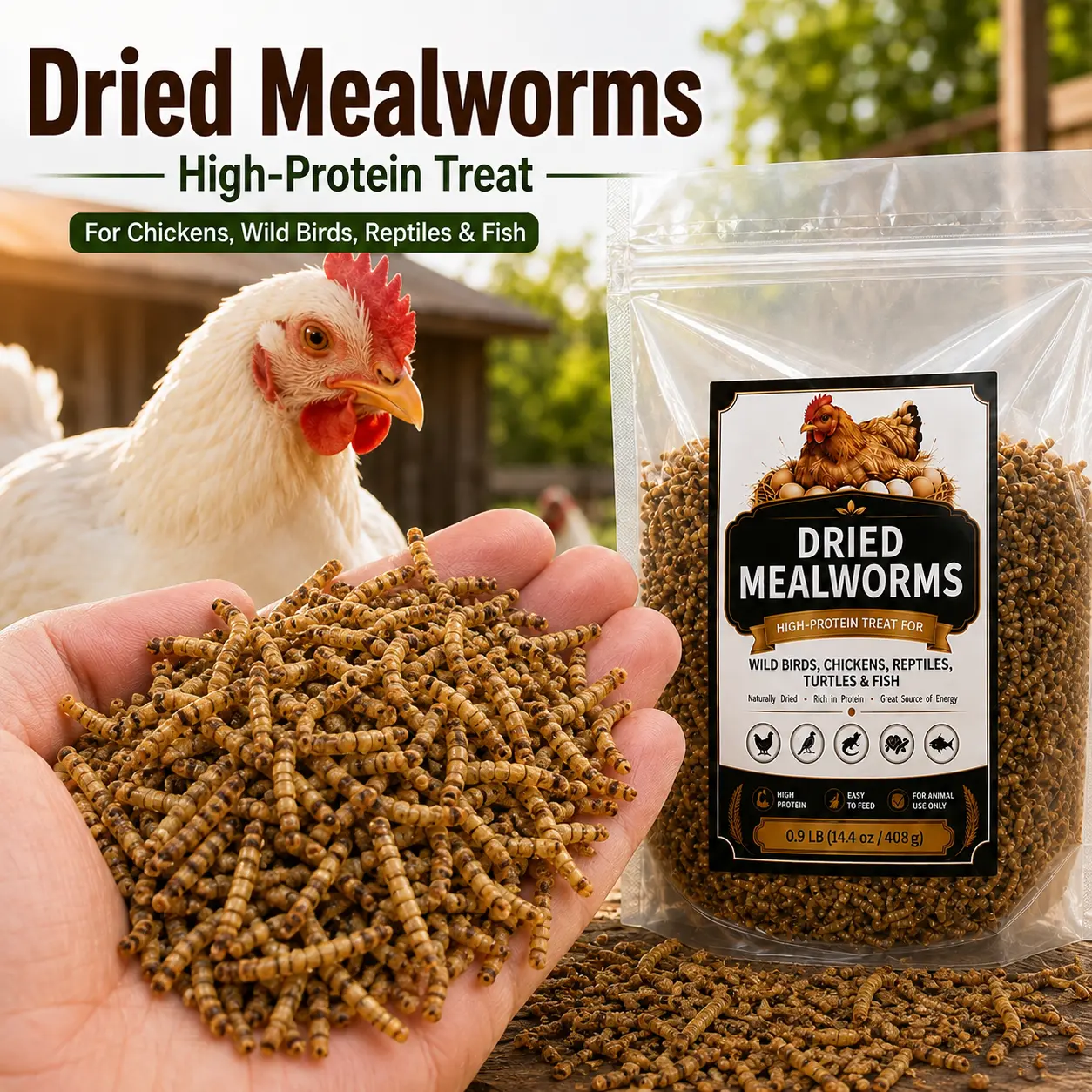 14 OZ Dried Mealworms for Chickens, Laying Hens, Broilers, Ducks, Wild Birds, Fish, Turtles & Reptiles, Natural Protein-Rich Poultry Treats, Bulk Supplemental Feed for Backyard Flocks & Pets