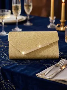 Women's Elegant Full Glitter Envelope Clutch Bag, Asymmetrical Diagonal Trim, Ideal for Weddings & Formal Events