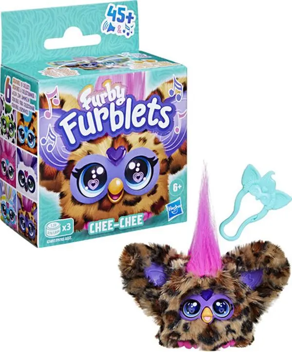 Furby Furblets Chee-Chee Collectible Figurine - Mini Furby, Furbish Language Feature, Keychain Clip, Travel Toy for Collectibles Enthusiasts