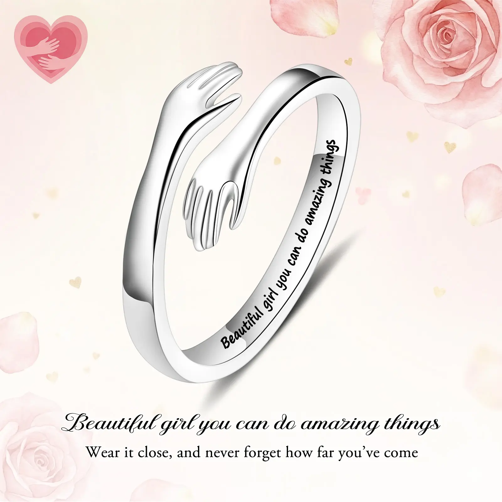 Women's Adjustable S925 Sterling Silver Flexible Heart Hug Ring - Engraved Heartfelt Words, Exquisite Polishing, Resist Fading, Size 4-10, Valentines Day Meaningful Gift for GF, Fashion Jewelry Accessory, Adjustable Rings, Rings For Women
