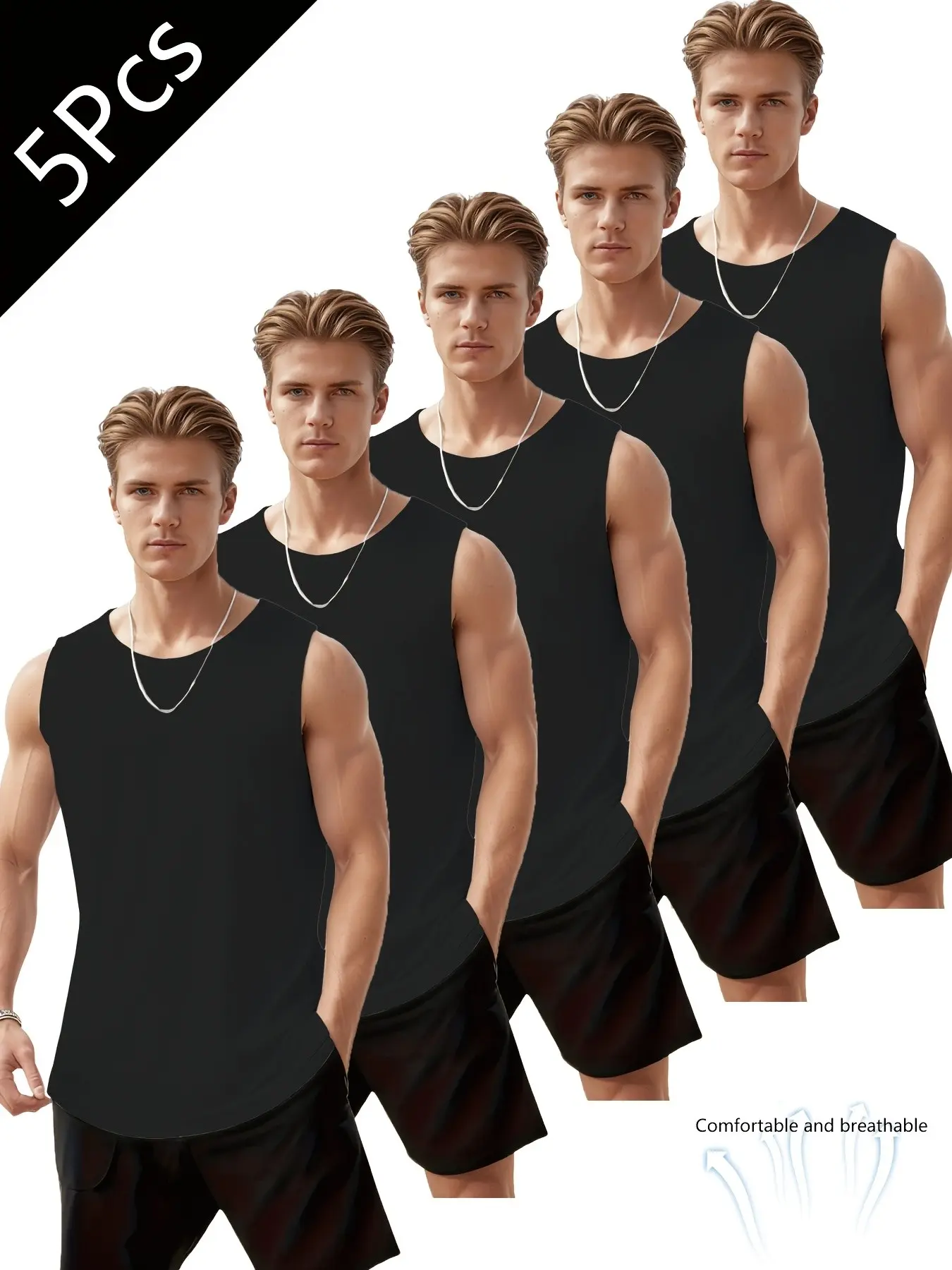 5-Pack Men's Sleeveless Tank Tops, Breathable Summer Wear, Workout Tank, Casual Loose Fit, Ideal for Gym Running Daily Use, Trendy Solid Colors, Athletic Wear, Sleeveless Activewear, Gymwear Tanks