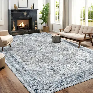 Moody Blue Boho Vintage Rug 8x10 - Washable & Stain Resistant, Distressed Oriental Soft Carpet for Living Room & Bedroom Aesthetic-S