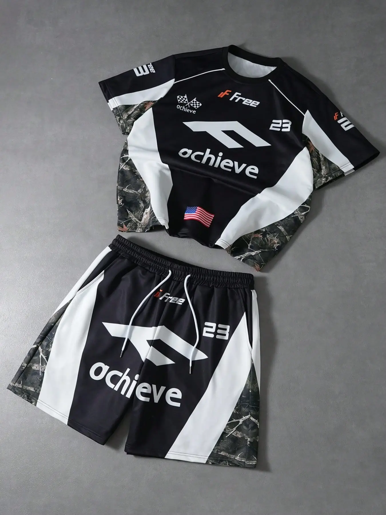 Streetwear Racing Jersey & Shorts Set, Camo Panel "Achieve" Print 2-Piece Outfit, Oversized Y2K Sportswear, Breathable Summer Casual Tracksuit, Workout Sets, Athletic Apparel, Athletic Fashion Activewear for Men & Women