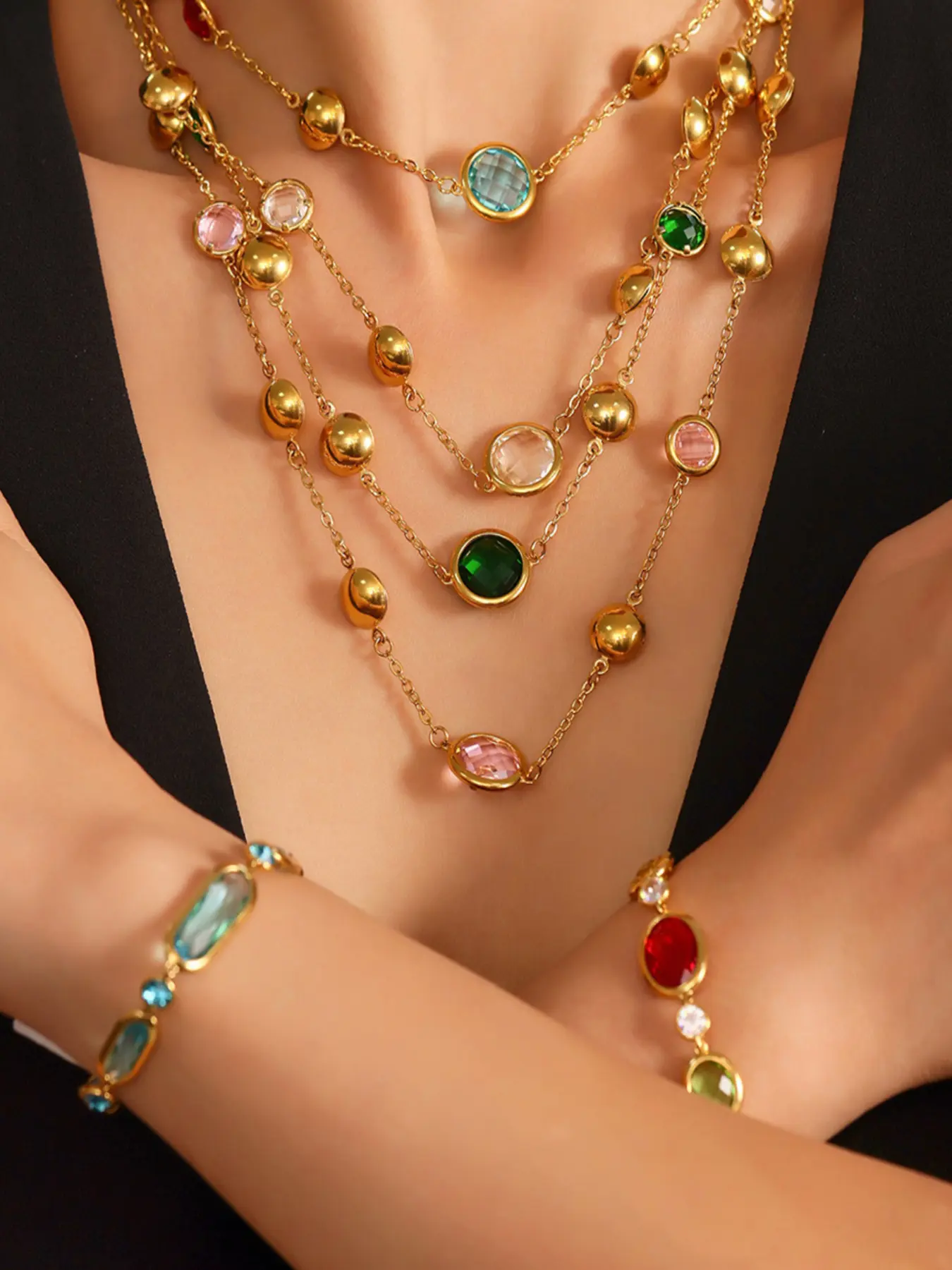 ICED CHICS Fashionable hip-hop titanium steel glass necklace, a translucent colored jewelry accessory, suitable for dates, gifts, parties, and both men and women, Exquisite Chain Jewelry, Fashionable Jewelry Accessories