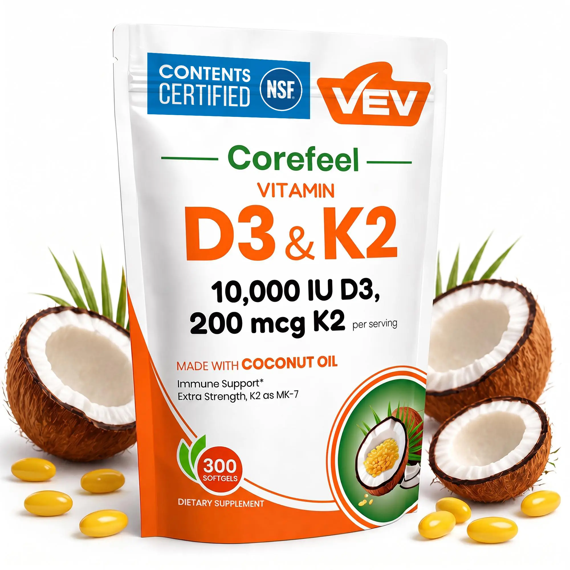 VEV Vitamin D3 K2, 2 in 1 Vitamins Supplement D & K, 10000 IU, 300 Virgin Coconut Oil Softgels, Dietary Healthcare Daily Health Bundle, NSF Certified