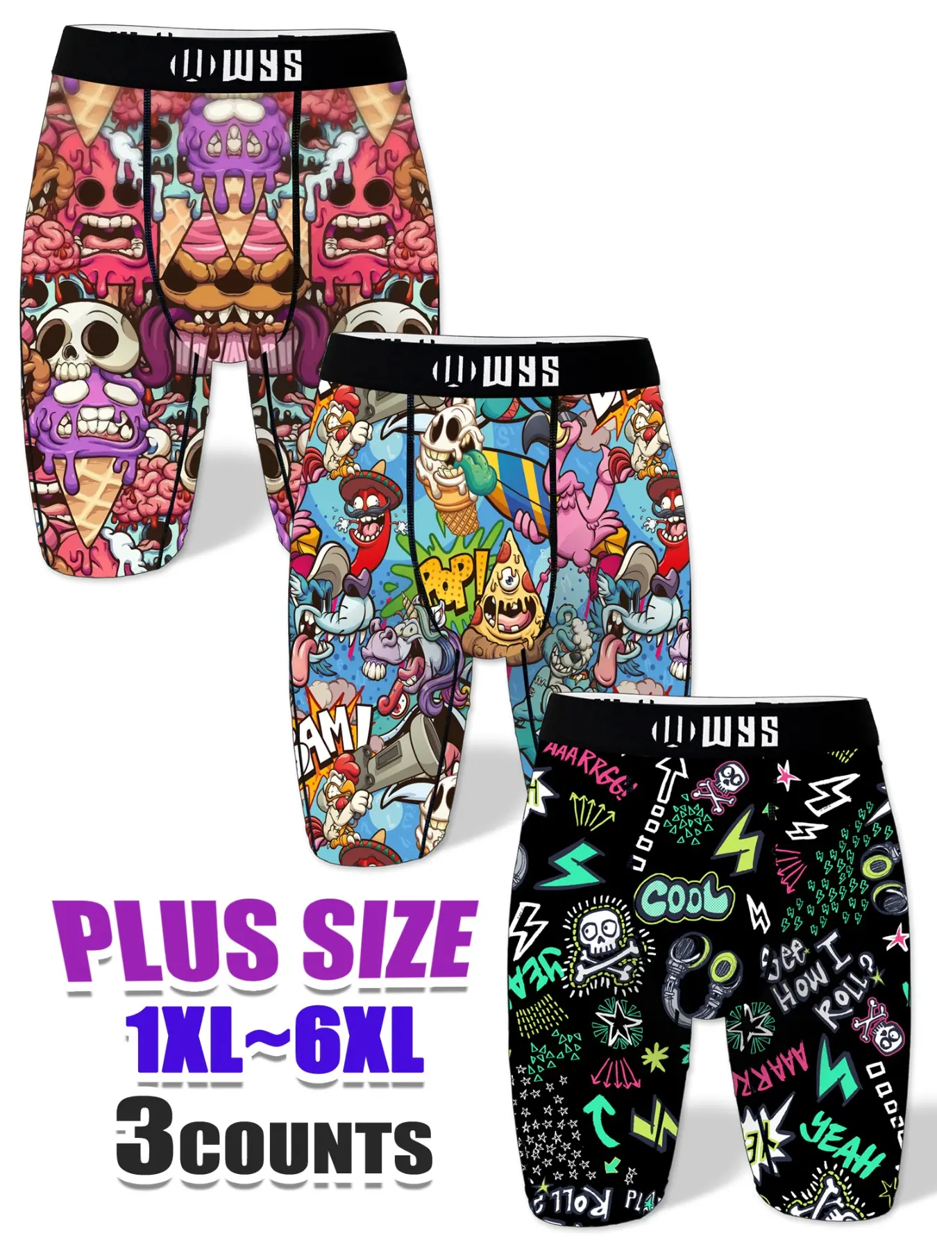 Men's Plus Size Long Briefs 1xl-6xl, Stretchy Boxer Pants, Underwear Men, Breathable Sports, Colorful Print Design, Moisture Wicking, Quick Dry, Elastic Comfort