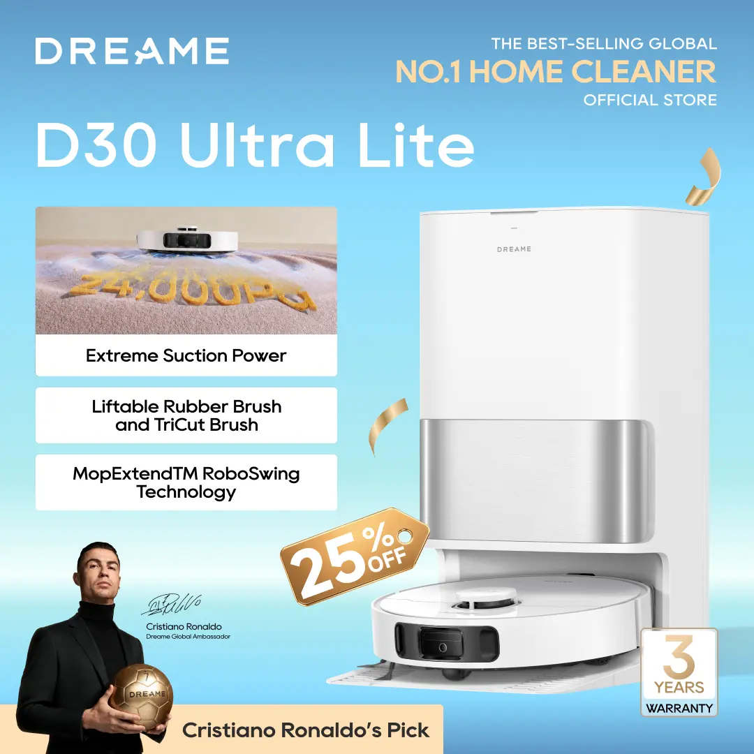 DREAME D30 Ultra Lite Robot Vacuum and Mop, 24,000Pa Powerful Suction, All-in-One Base Station with 100 Days Auto-Empty, MopExtend Tech for Edge Cleaning, Smart Obstacle Avoidance, White