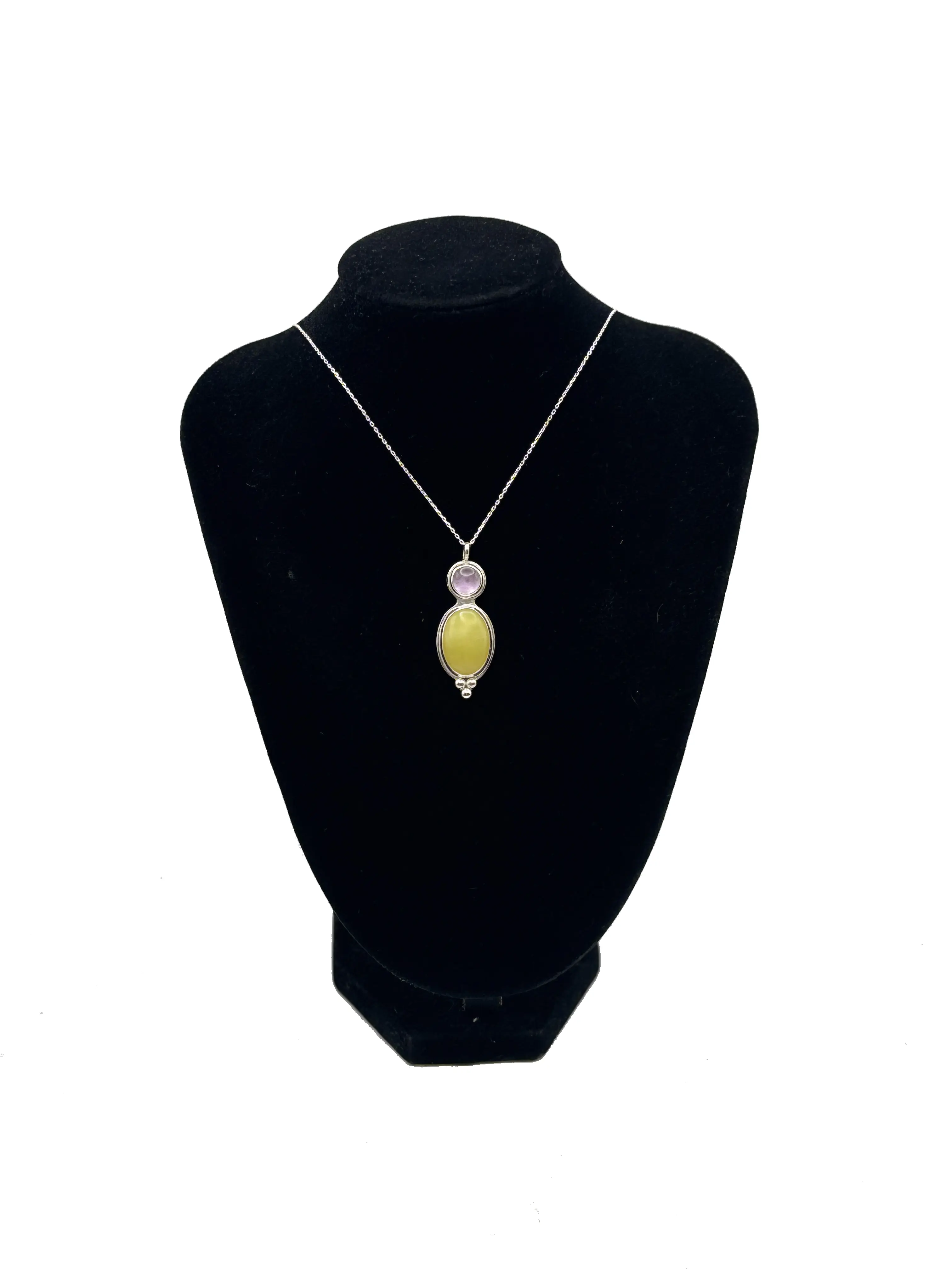 Handmade Sterling Silver Serpentine and Amethyst Pendant Necklace