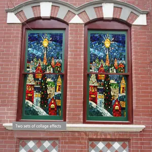 Static Cling Christmas Tree Window Film, Oil Painting Style Decorative Sticker, Light Blocking Glass Decal for Living Room Bedroom