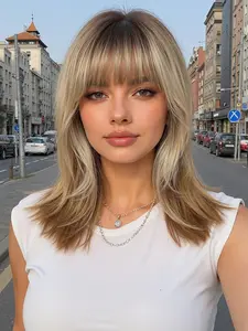 16 Inch Medium Straight Hair Wig with Bangs, Deep Synthetic Fiber, Synthetic Wigs, Natural Look, Easy Care, Versatile Usage, Suitable for Work, Life, Parties, Cosplay, Synthetic Material Wigs