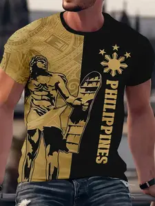 Men's Pacquiao, the Filipino boxing champion, short-sleeved T-shirt, gold and black color blocking with sun, star, and national flag graphics. A trendy patriotic street style item, Y2K American hip-hop street style, regular fit, casual and versatile.