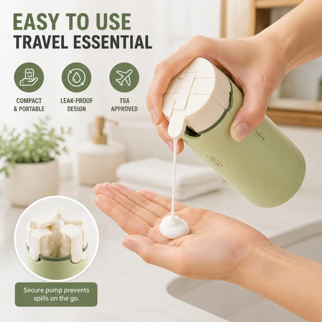 4-in-1 Compact Portable Travel Plastic Container Dispenser Bottle - Snap-Closure Refillable Leak-Proof TSA-Approved Cylindrical Storage Bottles & Jars, Secure Pump Canister for Shampoo,Lotion,Conditioner - Ideal for Flights,Trips