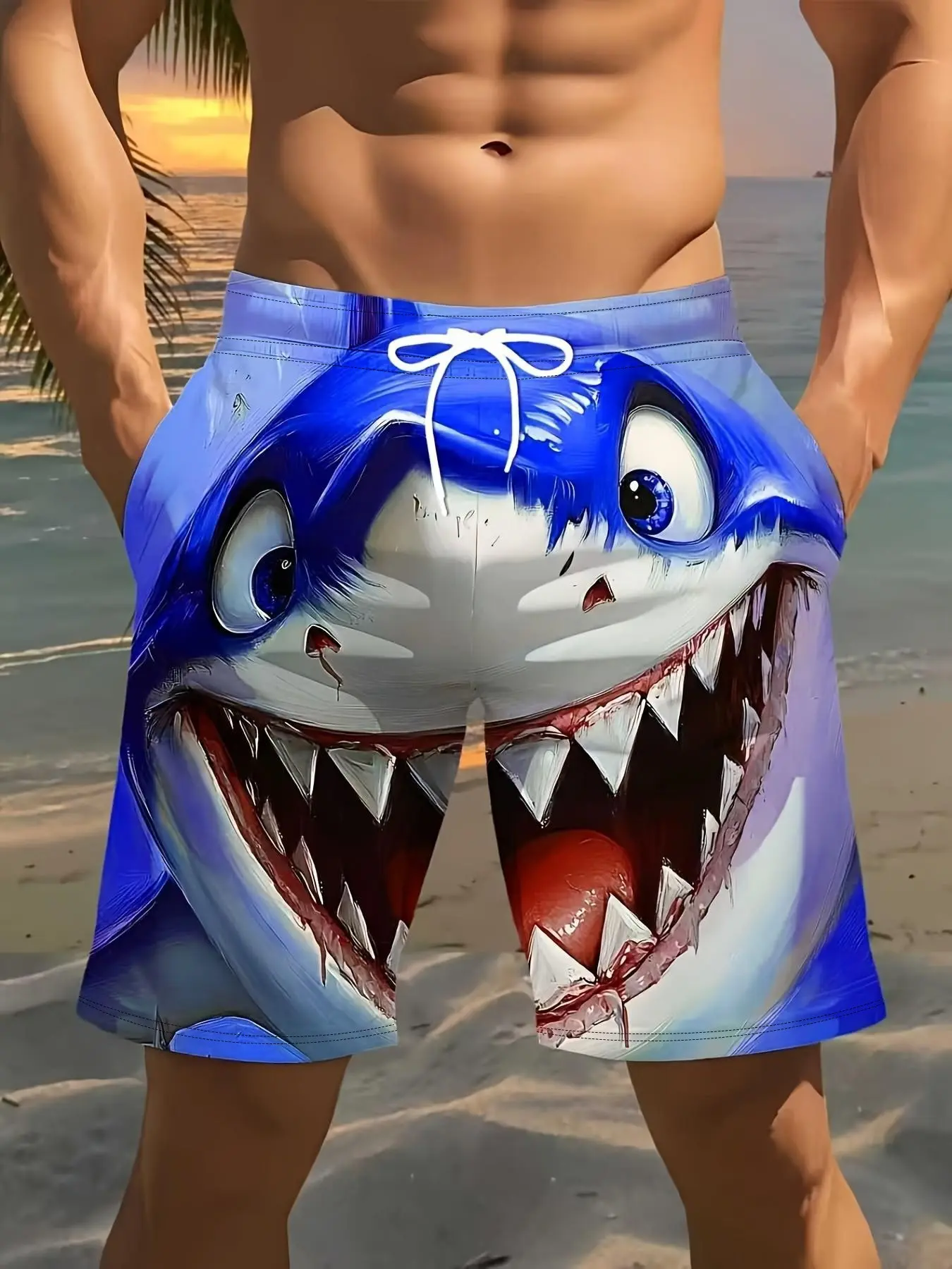 Men's Shark Print Beach Shorts, Summer Quick-Dry Fitted Printed Graphic Swim Trunks, Shorts Swimwear, Breathable H-Type Design, Essential for Beach Trips