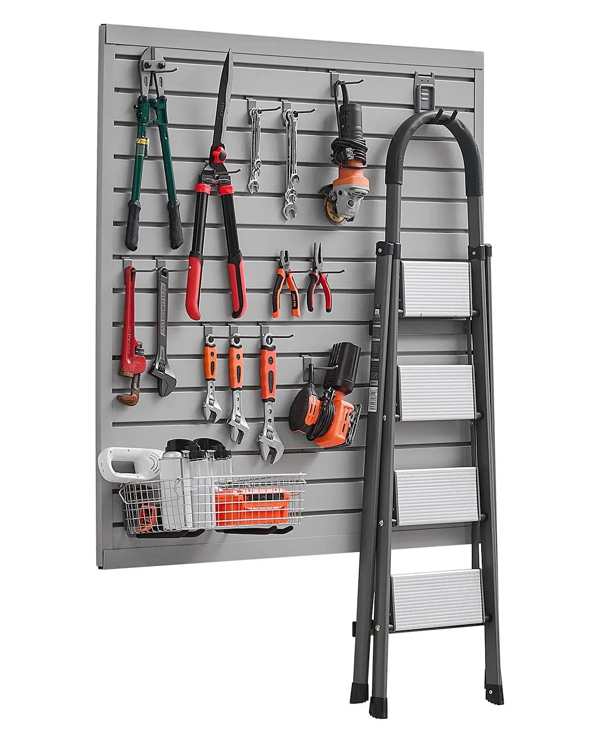 VEVOR Heavy-Duty Load-Bearing PVC Slat Wall Panel, 4x4 ft Size, Modular Grey Home Slatwall with Standard Slot & Coupling Structure, 300lbs/4ft² Capacity, Easy-Install Adjustable DIY-Cut for Storage & Display, Power Tool Organizer, Yard Tool Rack