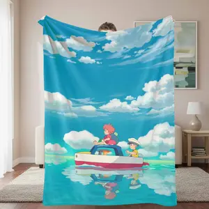 Ocean Adventure Flannel Cloud Blanket, Cartoon Boat & Cloud Print, Soft Cozy Lightweight Warm Decorative Throw, Ideal for Bedroom & Travel Gifting, Home Relaxation, Cloud Blankets