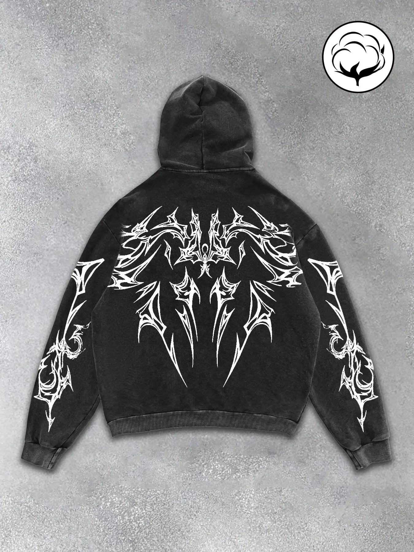 Men's Oversized Acid Wash Graphic Print Hoodie with Cyber Tribal Graphics - Vintage Grunge Streetwear Pullover Heavyweight Cotton Sweatshirt for Y2K Aesthetic & Skater Outfits Hooded Sweatshirts