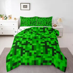 Black Green Pixel Plaid Bedding Set,Miners Games Checkered Comforter Set for Kids Boys Teen Abstract Camo Grids Bed Comforter Set,Gaming Geometric Quilt Duvet