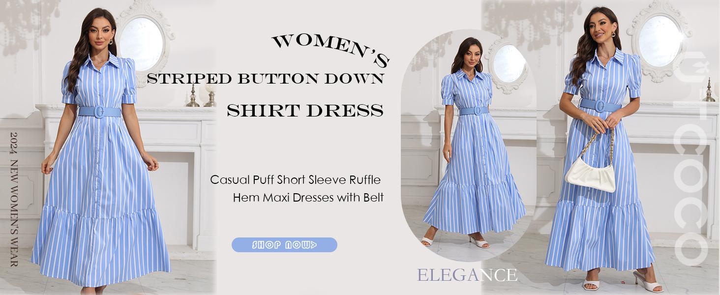 EBOSSY Women's Striped Button-Down Shirt Dress, Casual Puff Short-Sleeve Ruffle Hem Maxi Dress with Belt for Summer-Spring Casual Wear, Womenswear Stripe Pattern Design EBOSSY Women's Striped Button-Down Shirt Dress, Casual Puff Short-Sleeve Ruffle Hem Maxi Dress with Belt for Summer-Spring Casual Wear, Womenswear Stripe Pattern Design
