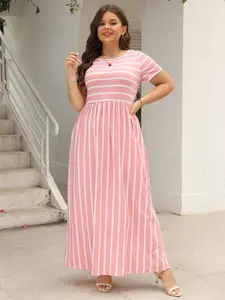 【Plus Size】 Striped Print Pocket Round Neck Tee Dress, Summer Clothes, Casual Comfy Chic, Casual Short Sleeve Long Dress for Summer, Sundress Maxi Dress, Women's Clothing for Daily Wear, Elegant Plus Size, Womenswear, Shortsleeve Dresses for Women