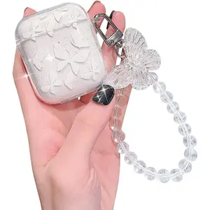 Compatible for AirPods Case, Cute Butterfly Pattern Clear Soft TPU Shockproof Cover Case Glitter with Keychain for Women Girls for AirPods 2&1-White