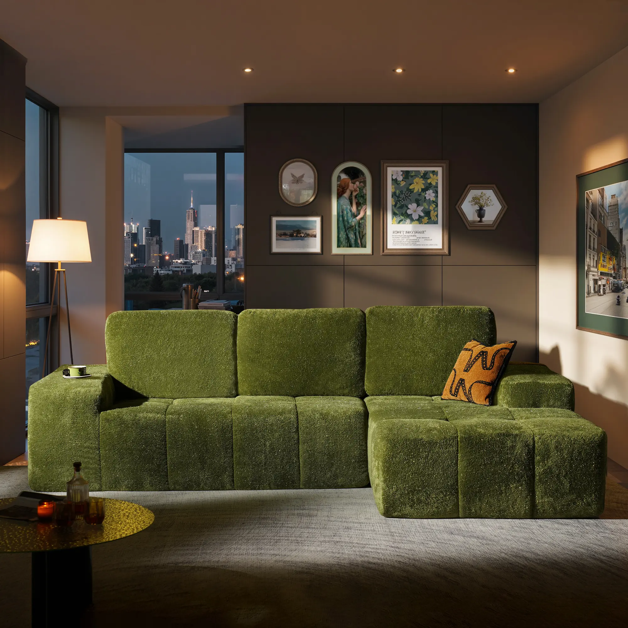 114" Neon Green Shimmer Plush Right Chaise