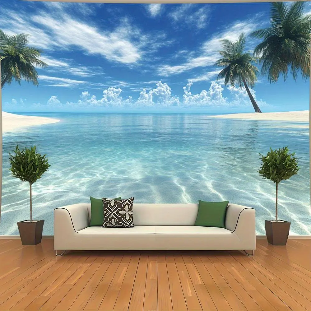Large Tropical Beach Scenery Tapestry- 2D Flat Wall Hanging with Palm Trees& Crystal Clear Waters, Perfect for Bedroom& Living Room Decor, Fantasy Landscape Art- Includes Mounting Accessories, Bea Decoration White
