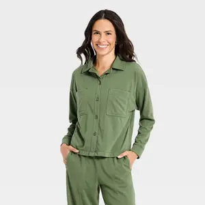 Women's Lightweight Fleece Collared Button-Down Shirt - Universal Thread Olive Green L