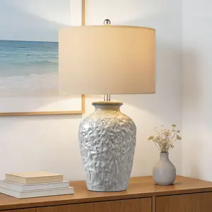 Light Gray Hammered Ceramic Table Lamp, Modern Farmhouse Bedside Lamp with Beige Linen Drum Shade, Rustic Accent Lamp for Bedroom, Living Room, Entryway